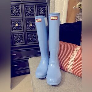 Rare Baby Blue Hunter Boots, Tall Glossy Wellies, Size 9